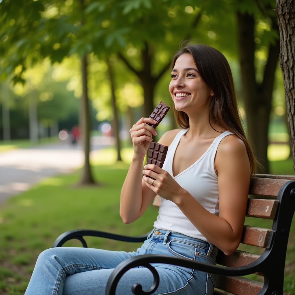 A woman enjoying a piece of dark chocolate in a park in Pakistan