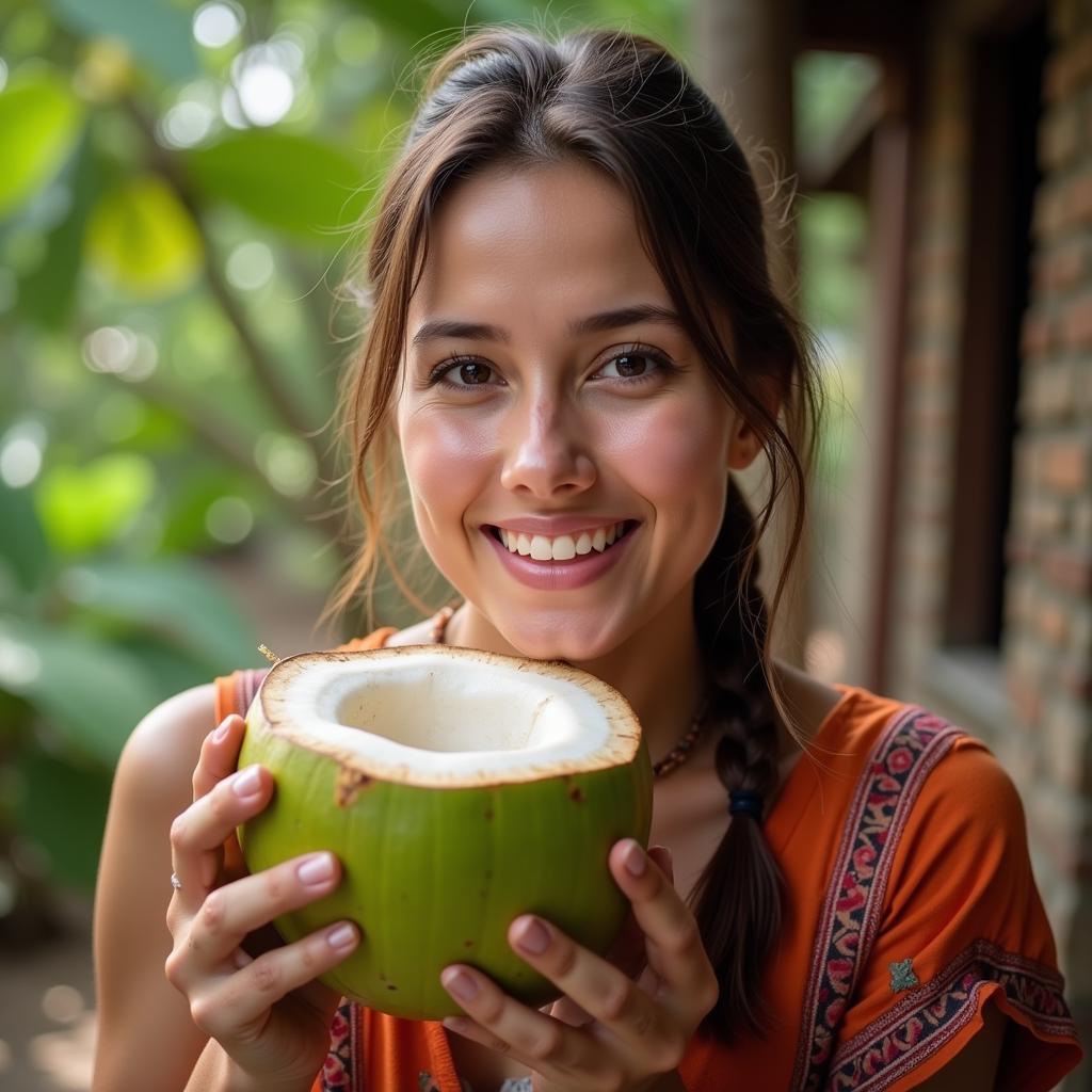 A woman enjoying fresh coconut water in Pakistan