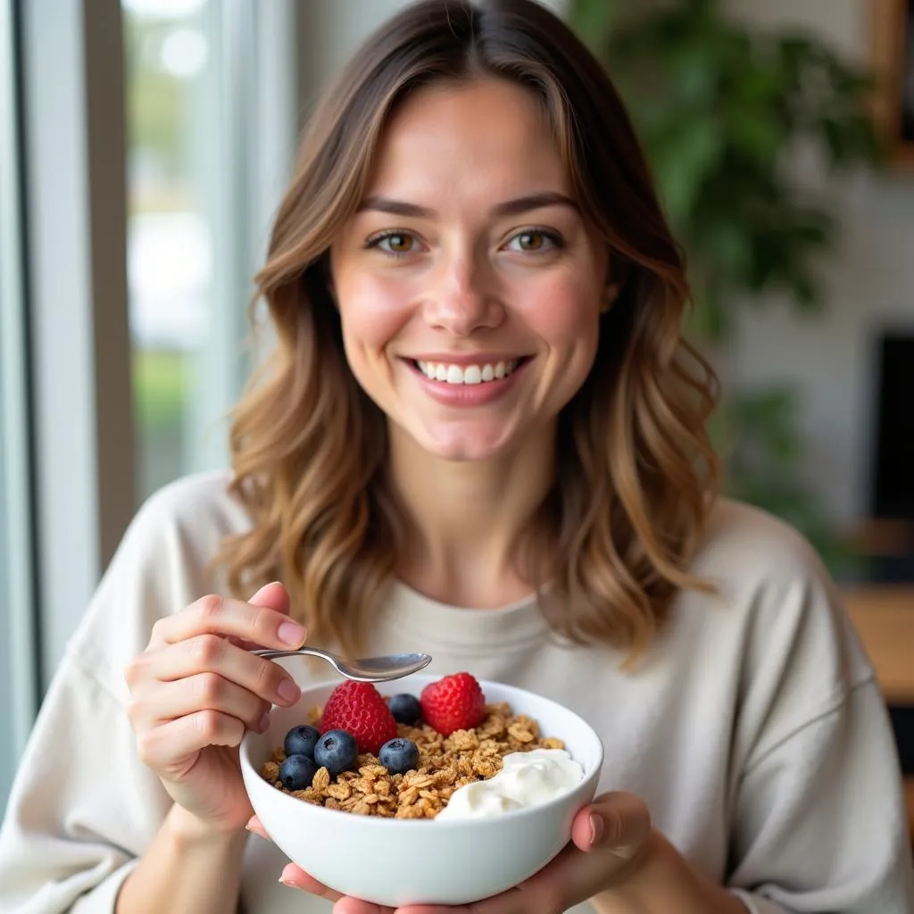 Woman Enjoying Granola with Yogurt and Fruits