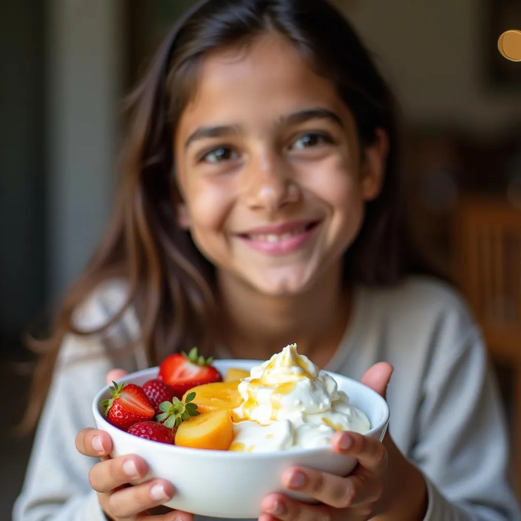 Woman Enjoying Greek Yogurt with Fruit and Honey in Lahore