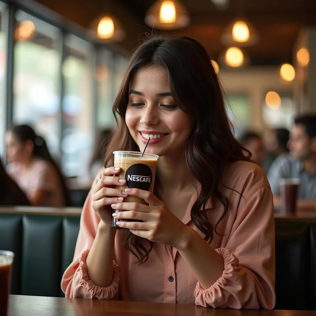 A young woman enjoys a Nescafe cold coffee at a trendy cafe