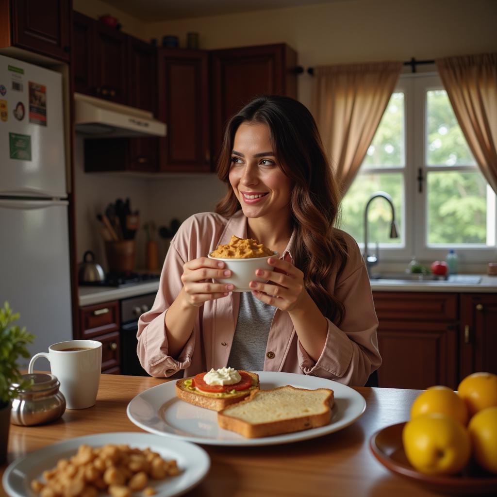 A woman enjoying peanut butter toast in Pakistan