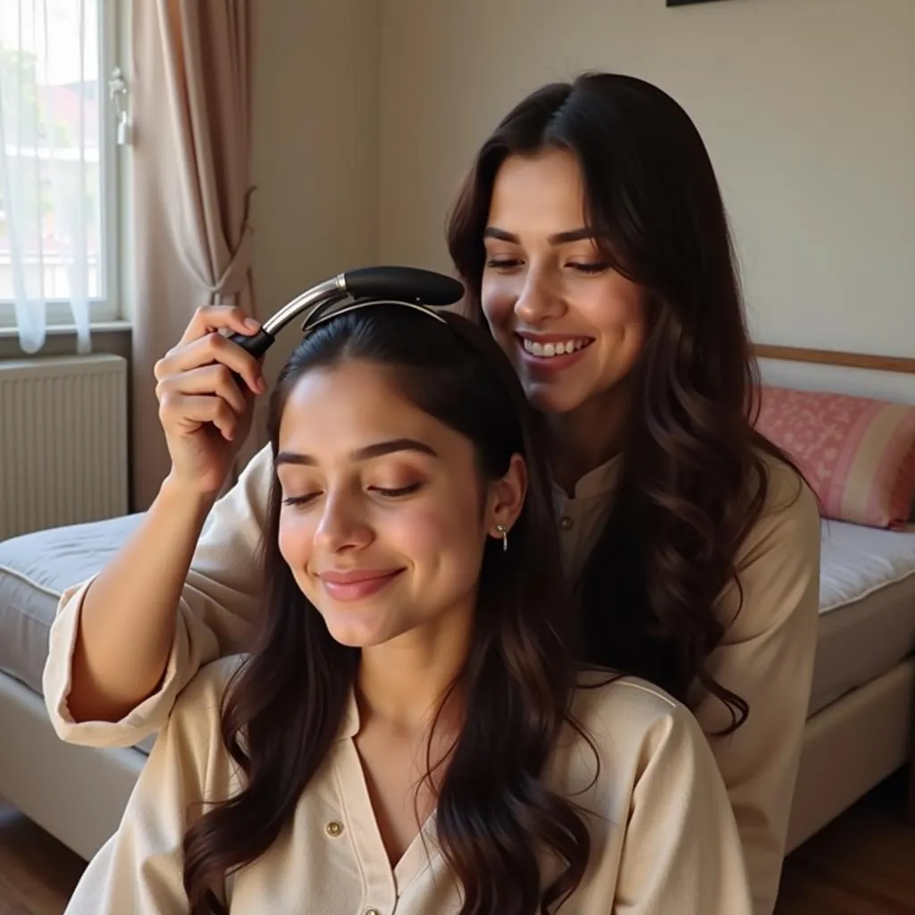 Pakistani Woman Using a Scalp Massager