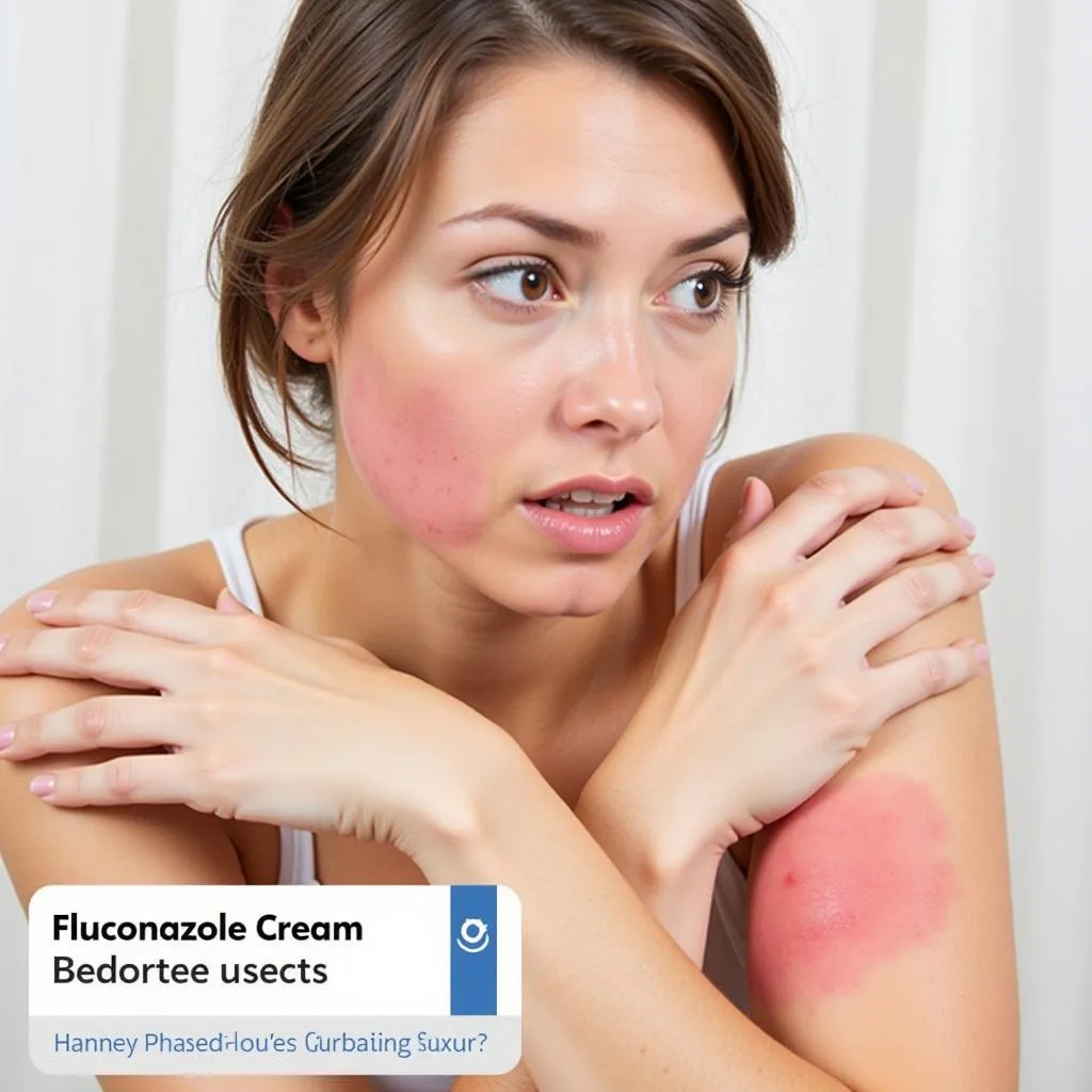 A woman experiencing skin irritation after applying fluconazole cream