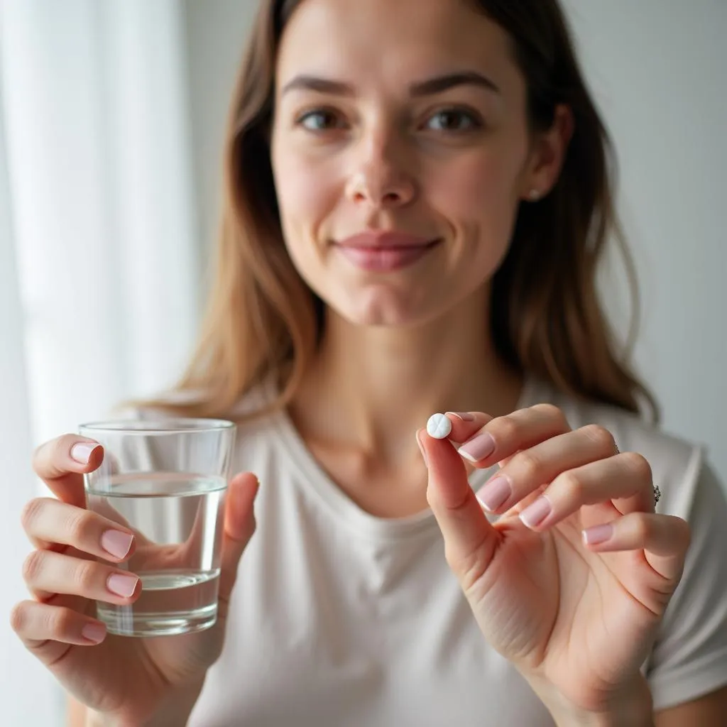 A woman holding a naproxen tablet and a glass of water