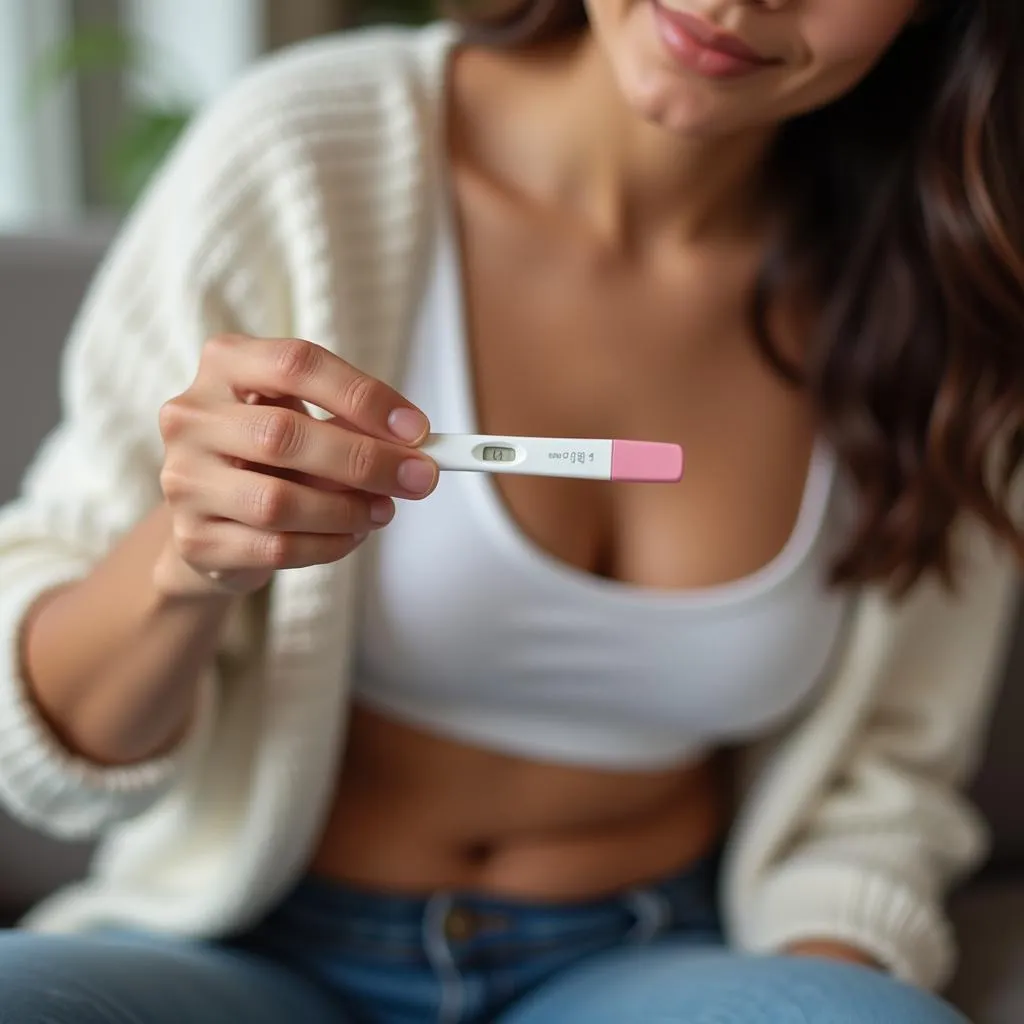 Woman Holding a Pregnancy Test Tube at Home