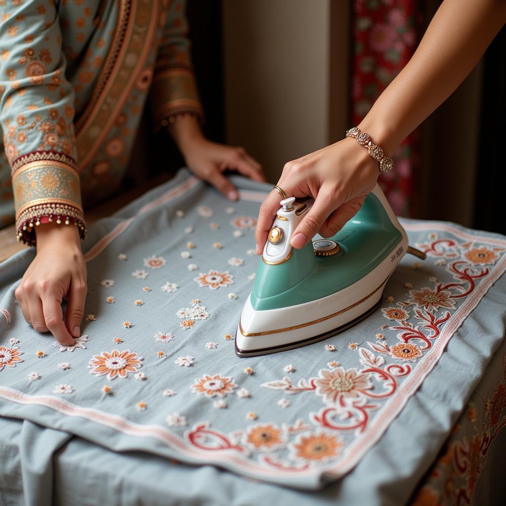 A woman carefully ironing a chikankari dupatta