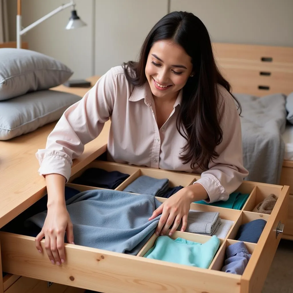 A woman neatly organizing clothes in a drawer using drawer dividers in Pakistan