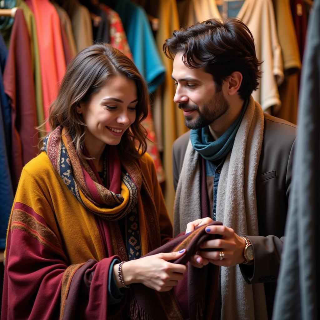 Woman Selecting a Pashmina Shawl in a Shop