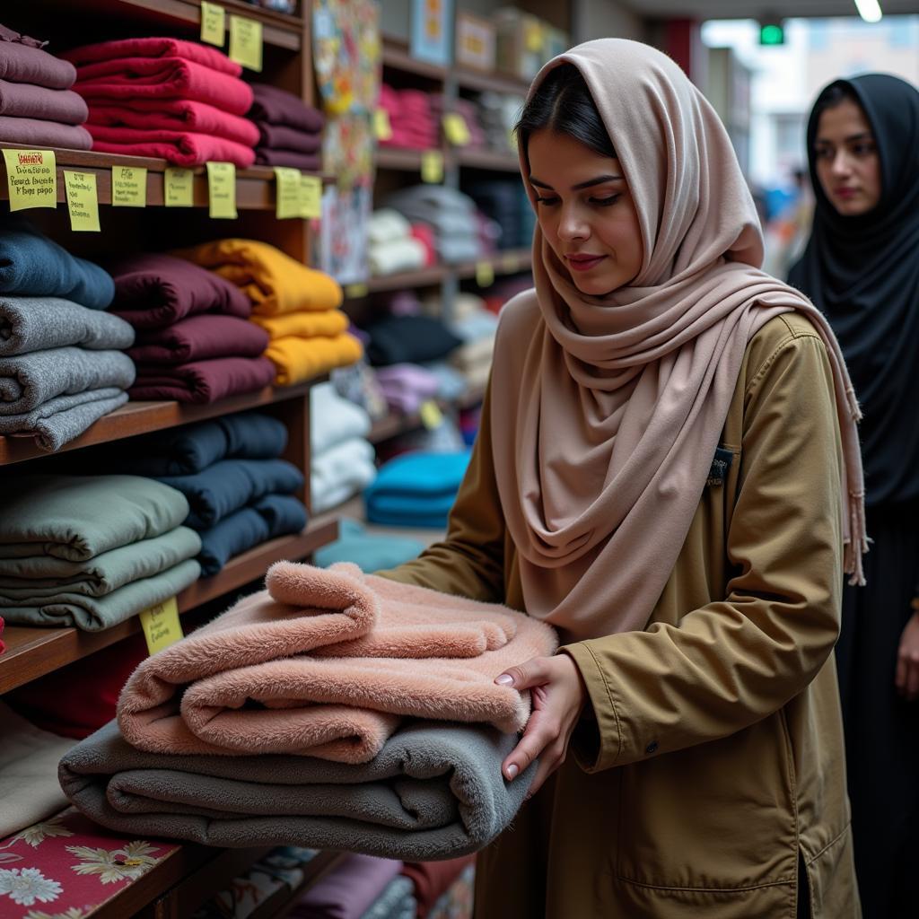 Woman Choosing Fleece Blanket in Pakistan