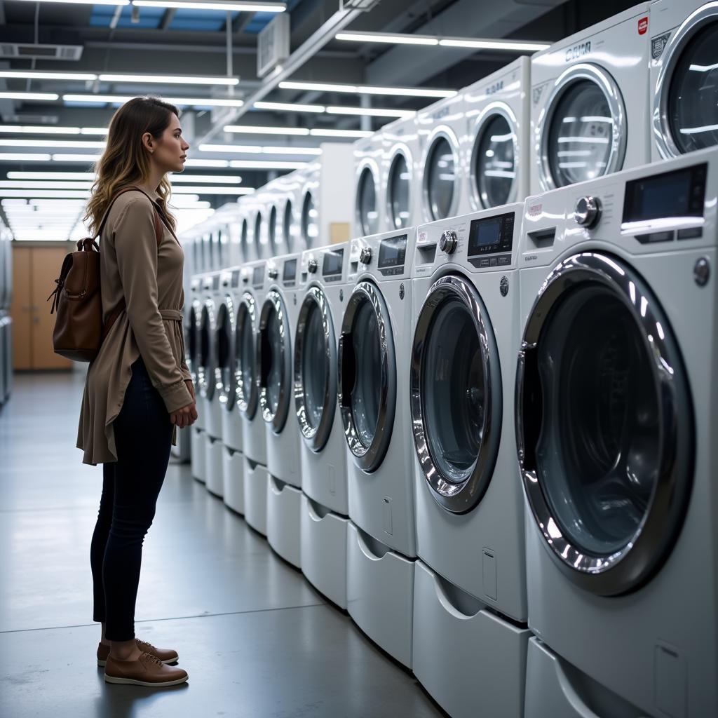 Woman Selecting a Haier Washing Machine