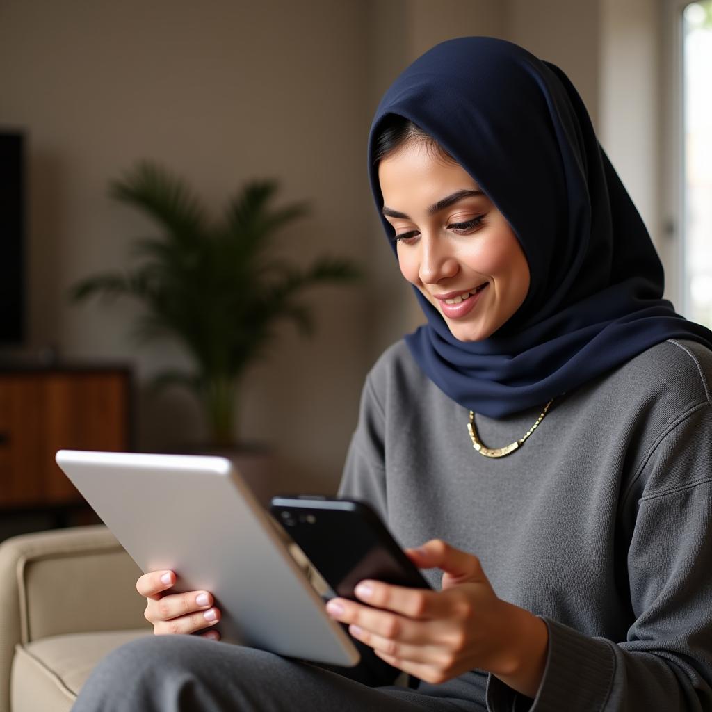 A woman carefully choosing an online hijab store on her tablet