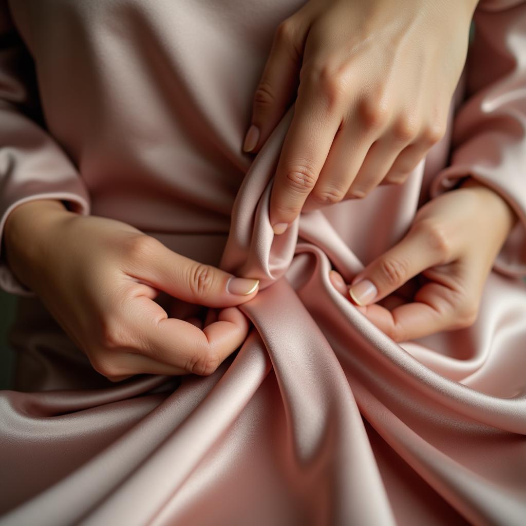 A woman examining unstitched fabric for quality during a sale