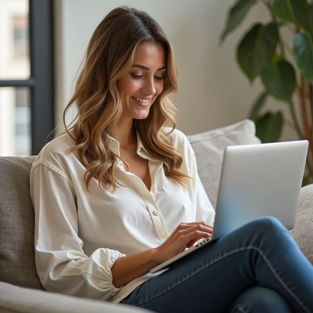 Woman browsing white gold cream deals online