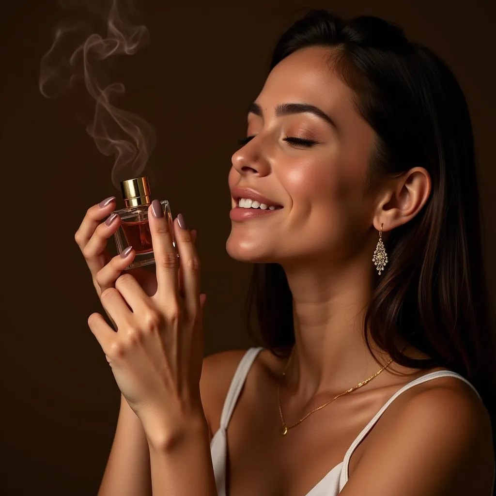 A woman delicately smells the scent of oud perfume from her wrist.