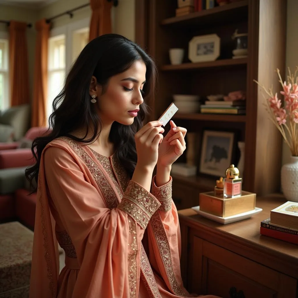 Woman Smelling Perfume in Pakistan