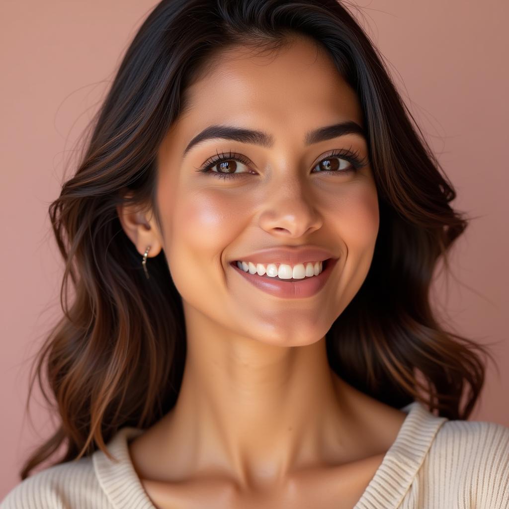 A Pakistani woman smiles, happy with the results of using silky bleach