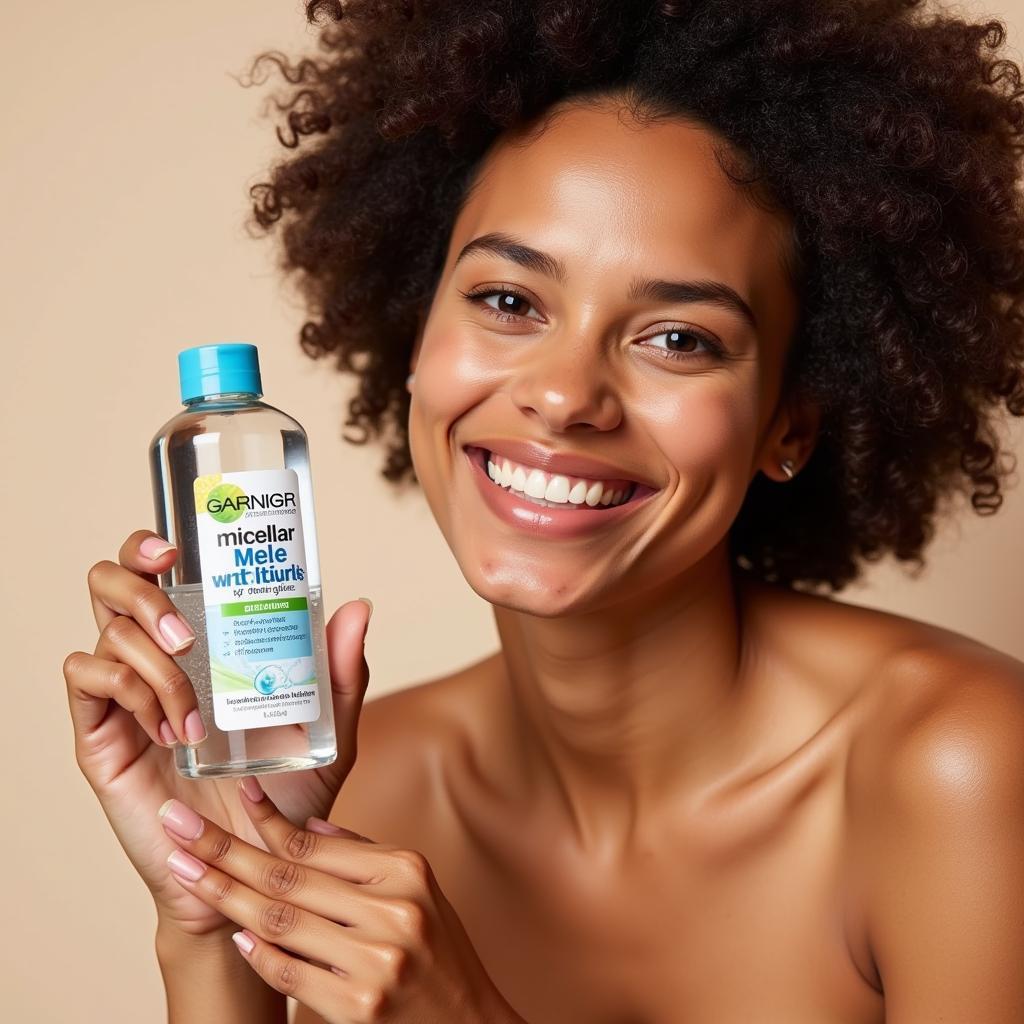 Woman Smiling and Holding Garnier Micellar Water