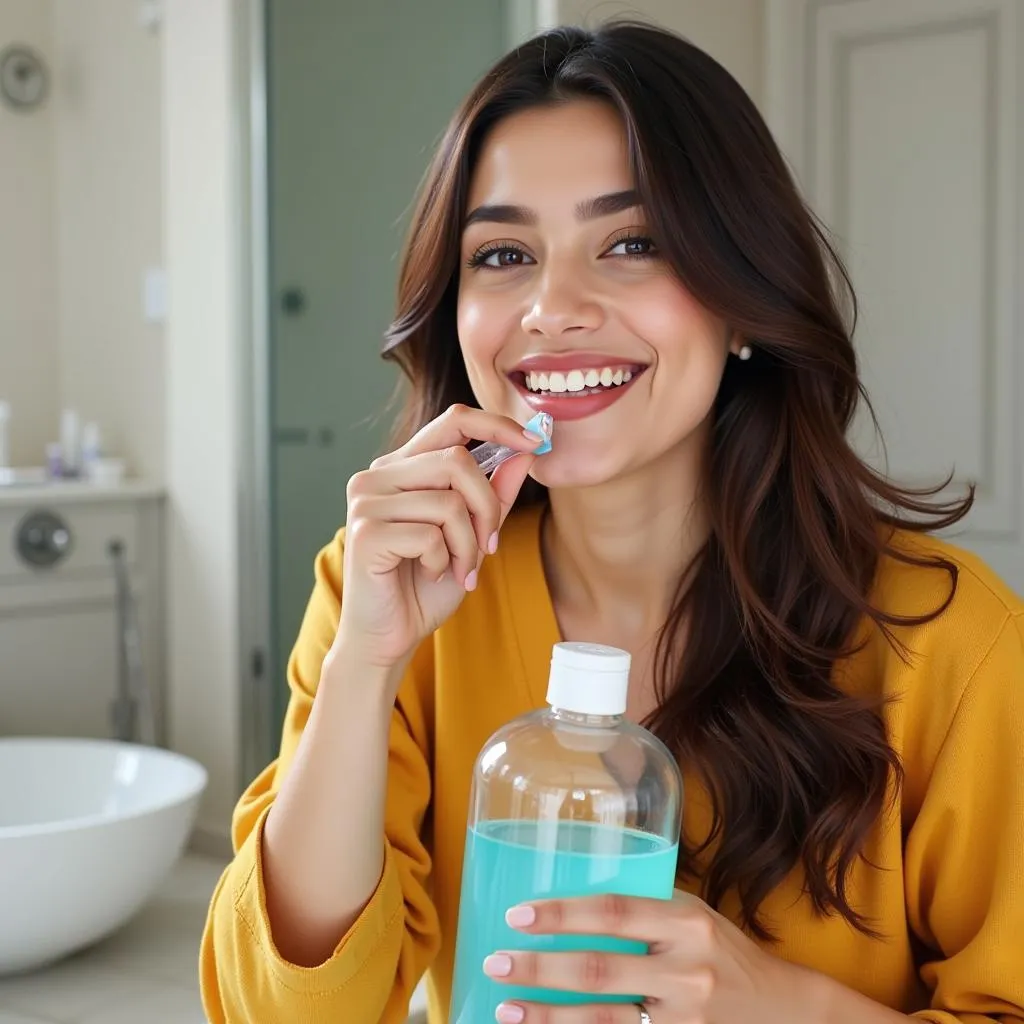 Smiling Woman Using Mouthwash