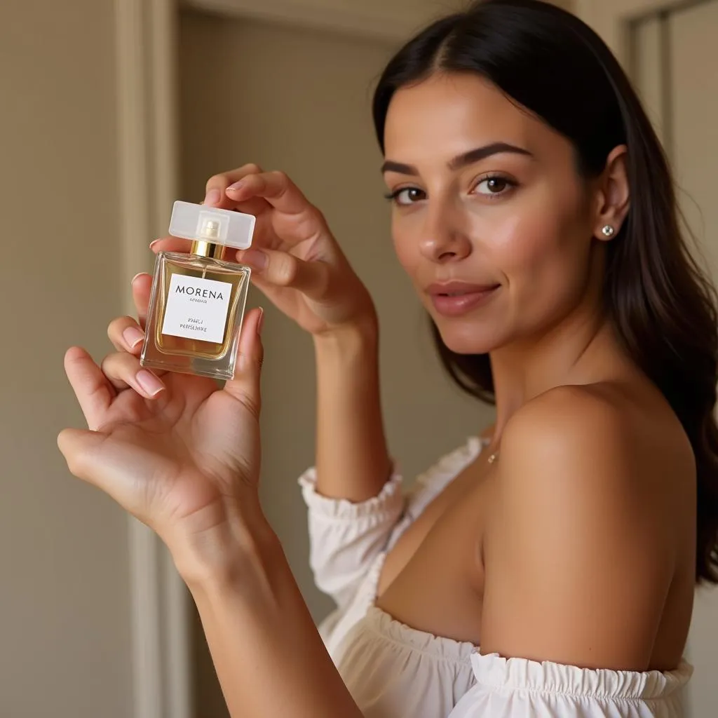 A woman spraying Morena perfume on her wrist