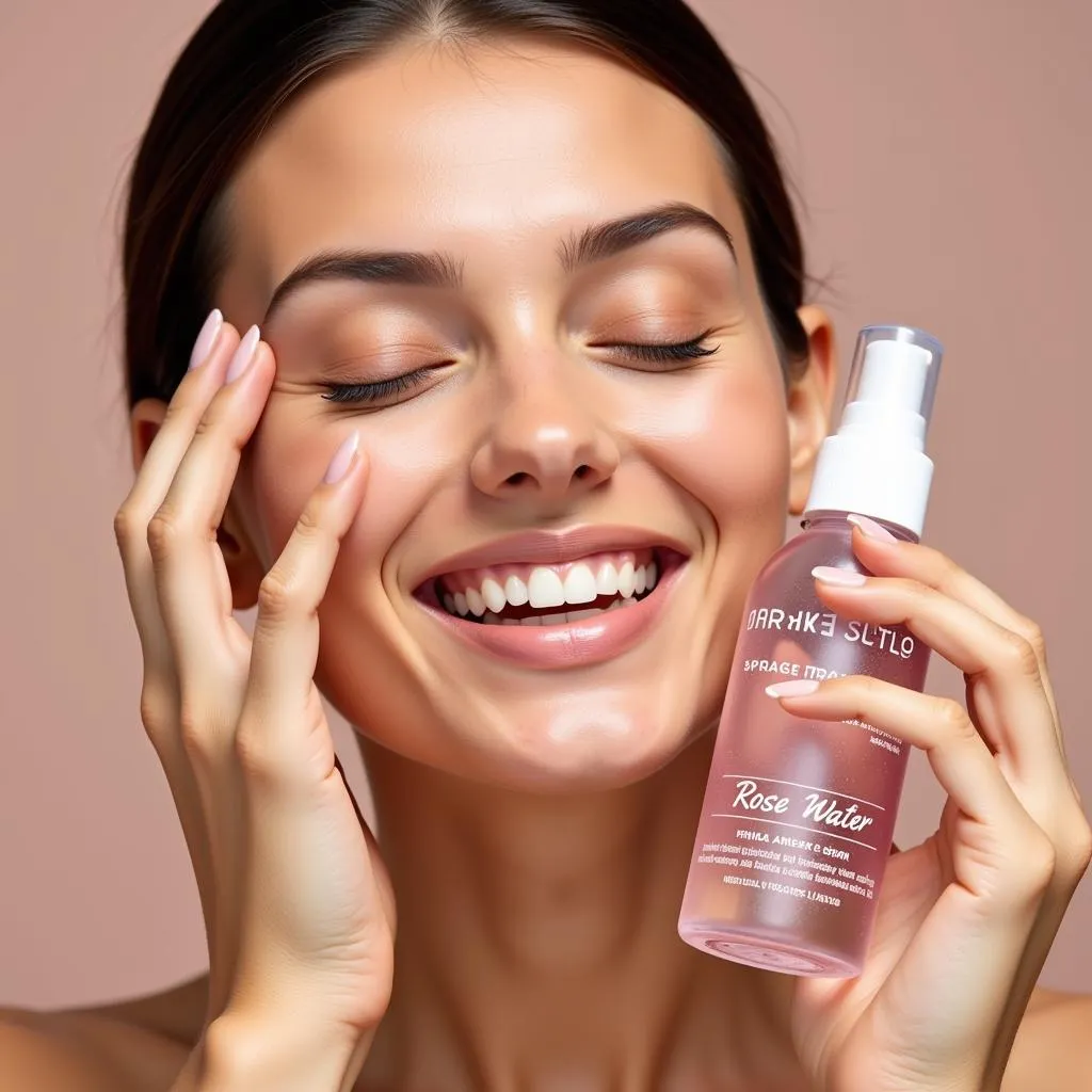 Woman spraying rose water on her face