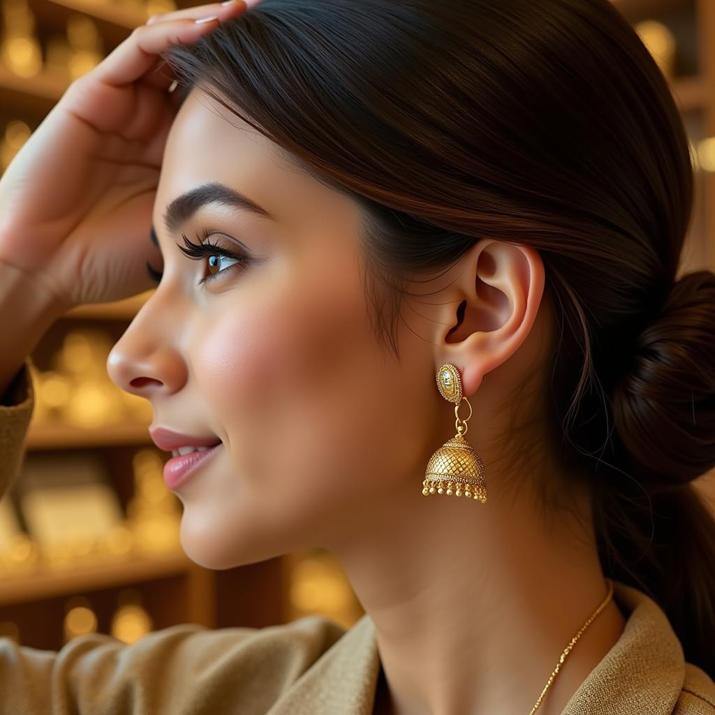 Woman Trying on Gold Ear Tops in Pakistan