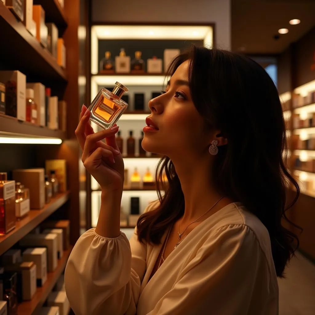 Woman Trying Solace Perfume in Store