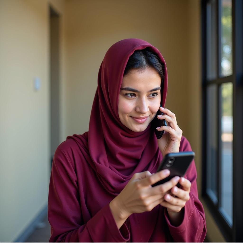 A woman using a feature phone in Pakistan