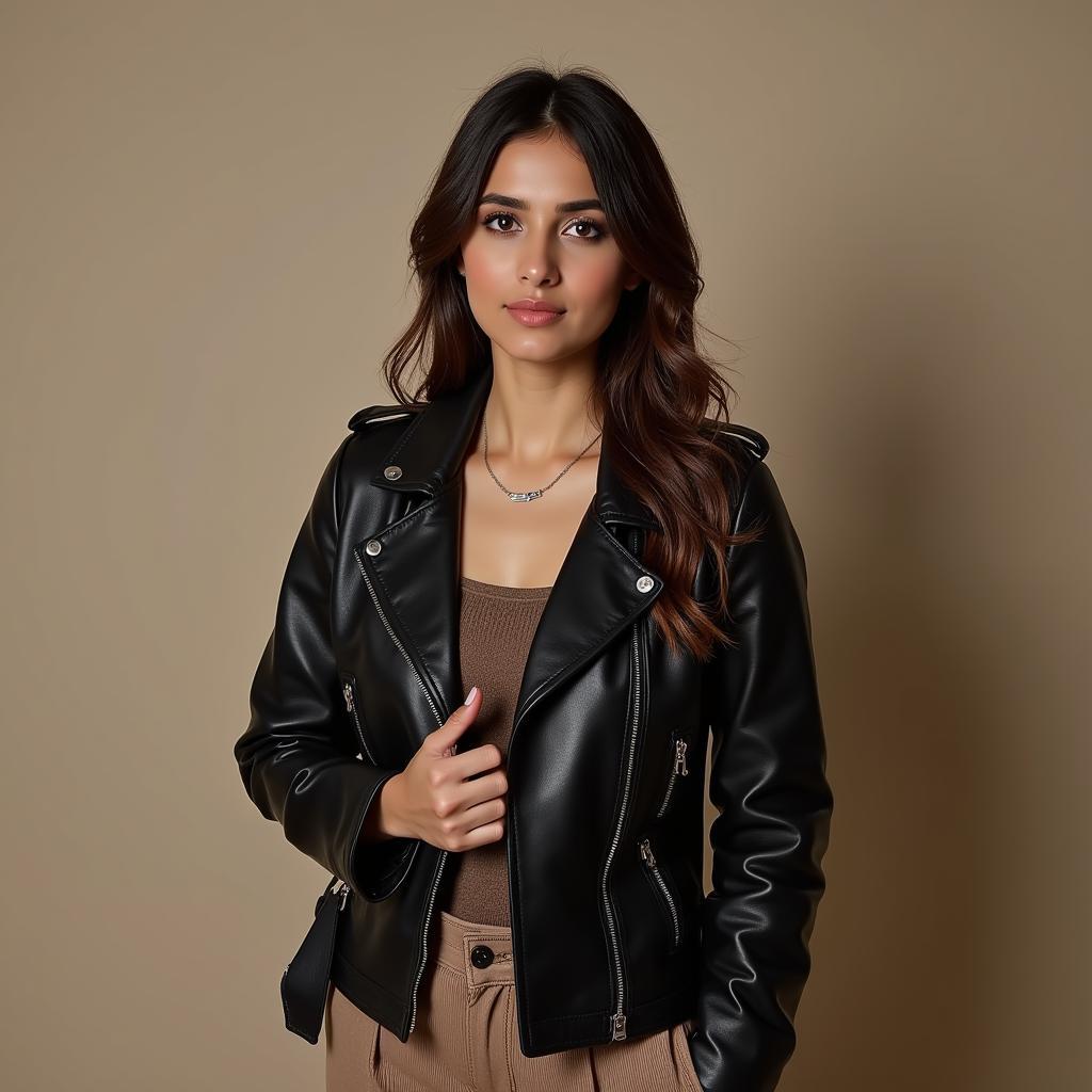 Woman Wearing a Stylish Leather Jacket in Pakistan