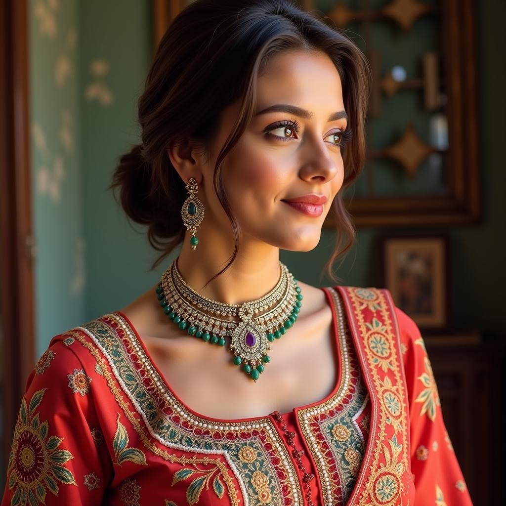 A Pakistani woman wearing a statement necklace with traditional attire.