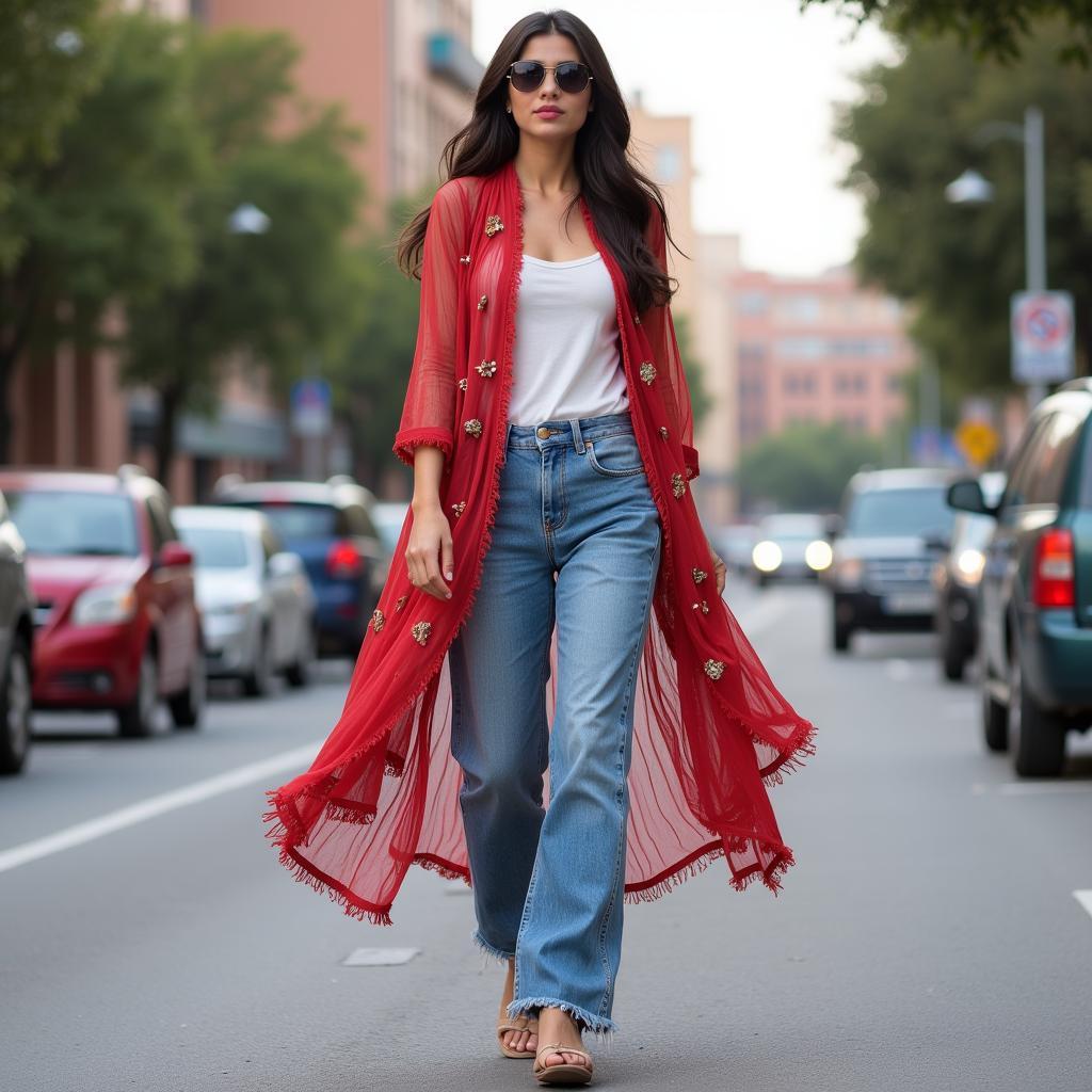 Woman wearing baggy jeans and a dupatta