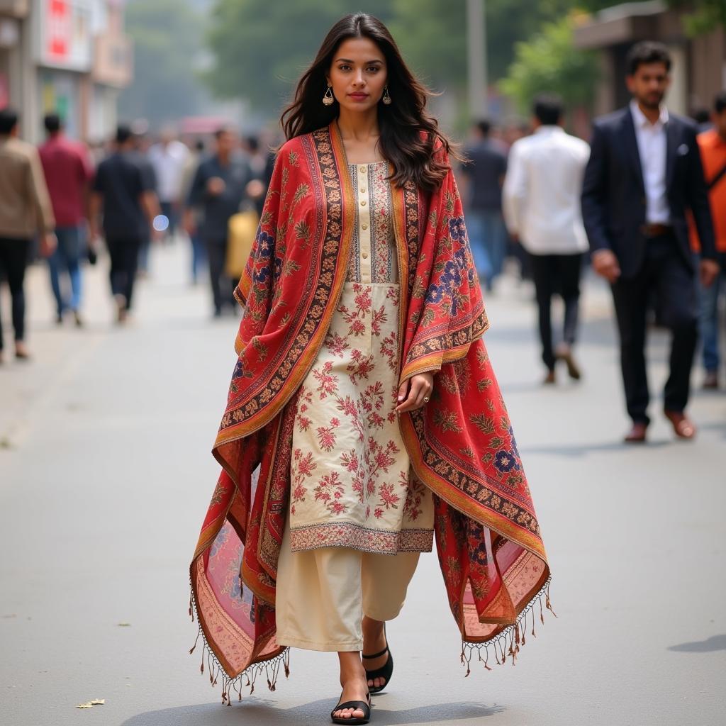 Woman Wearing Cape Shawl in Lahore