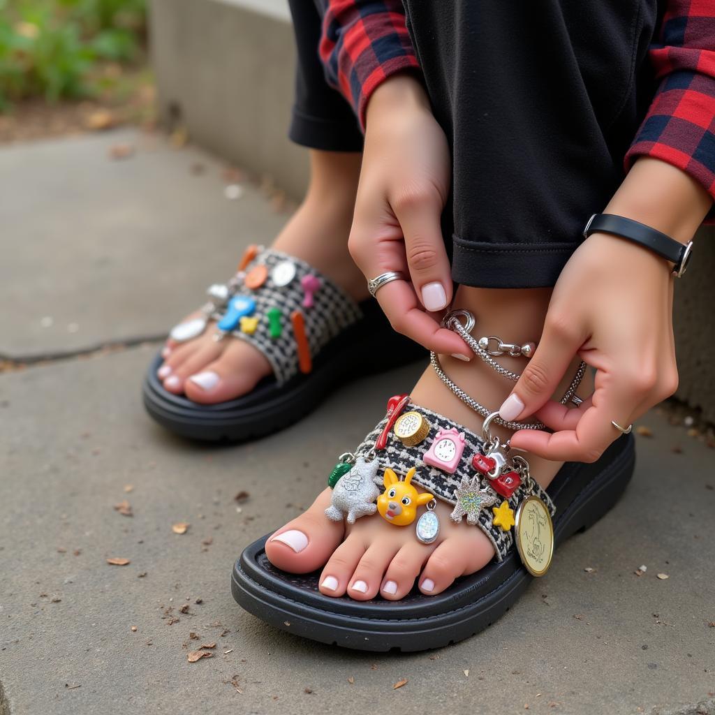 A woman in Pakistan showcasing her personalized Crocs decorated with Jibbitz charms.