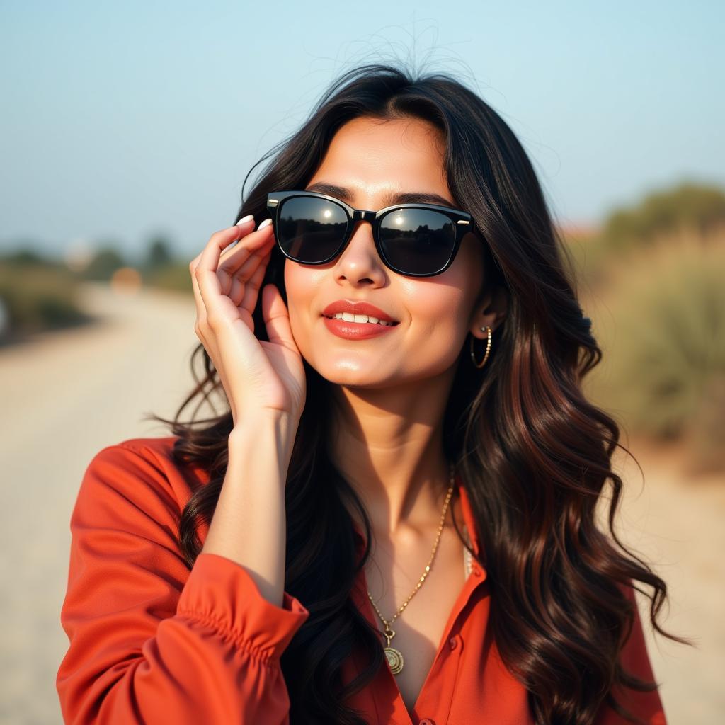 Woman sporting sunglasses confidently