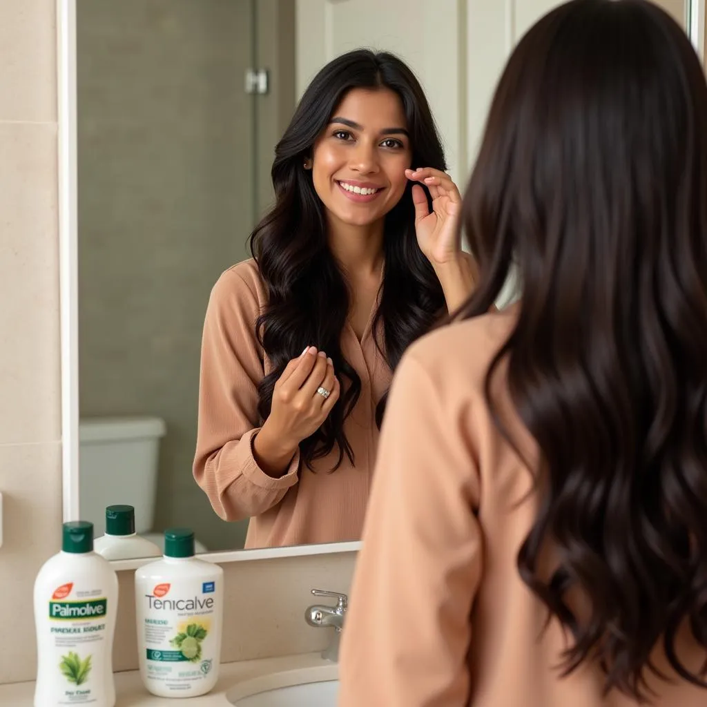 A Woman Applying Palmolive Conditioner