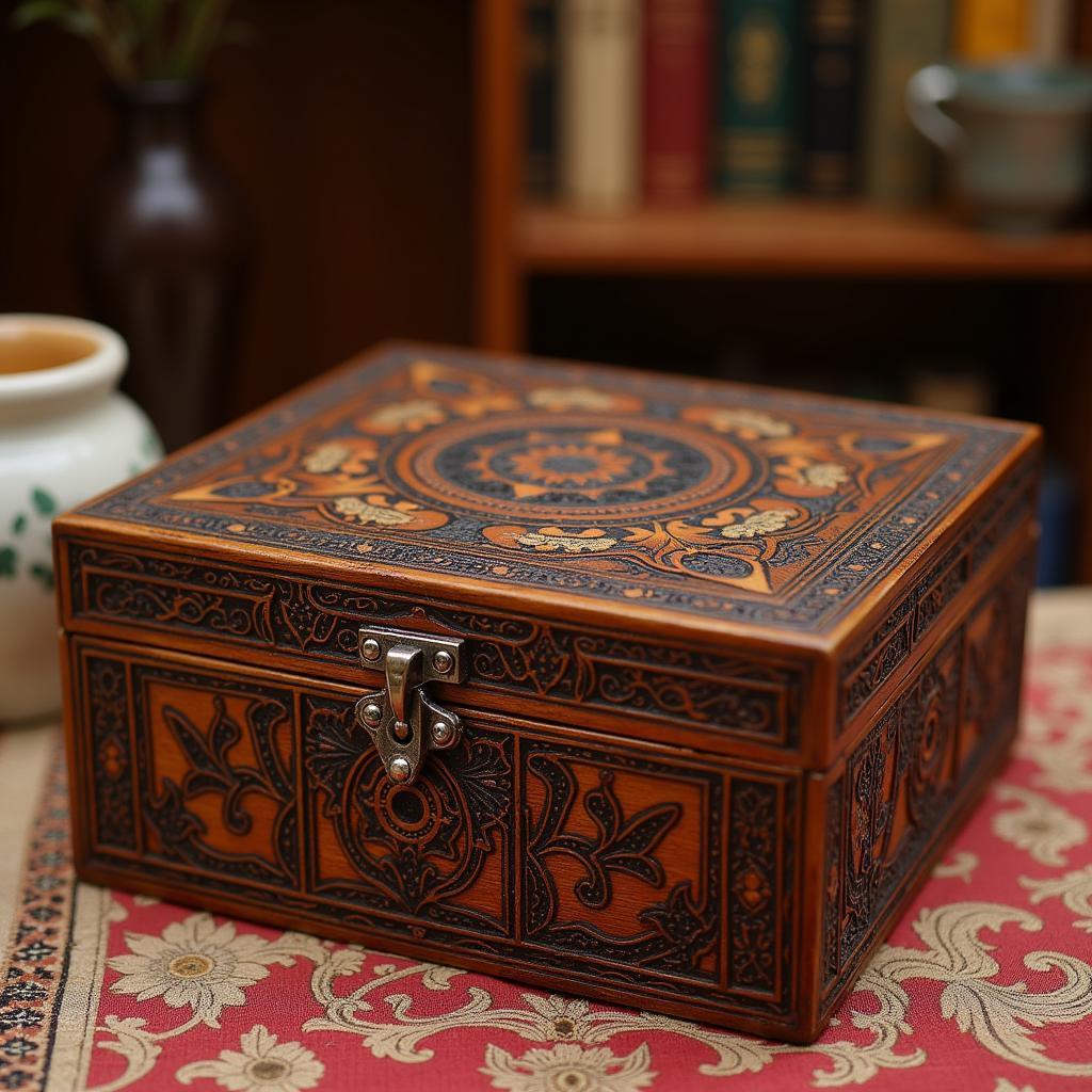 Intricately carved wooden jewellery box in Pakistan