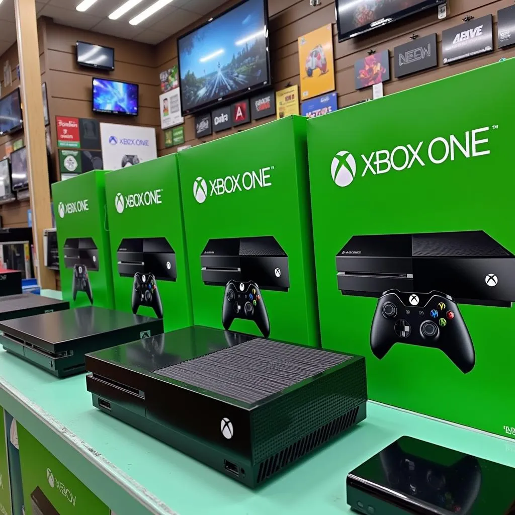 Xbox One consoles displayed in a Pakistani electronics store