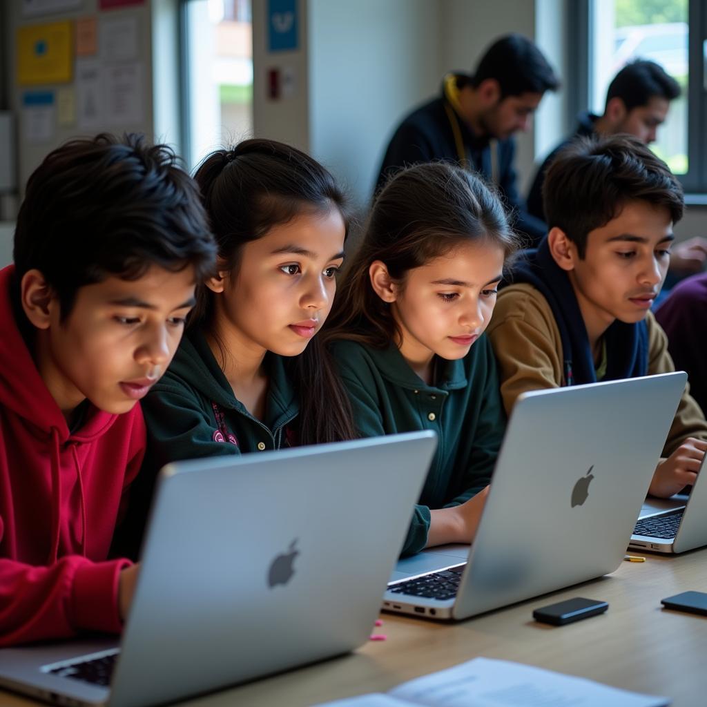 Young Pakistani students engaged in a coding workshop