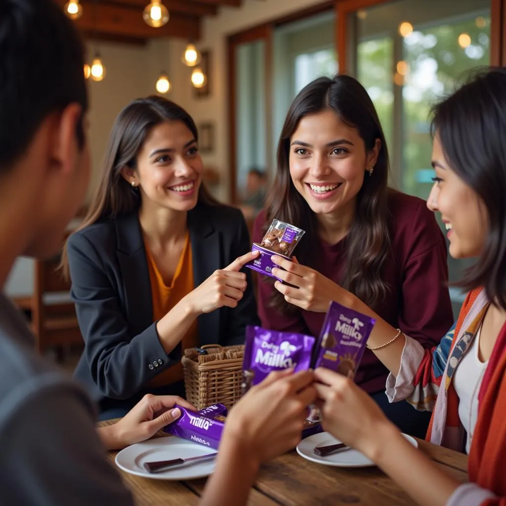  A young Pakistani woman smiles while sharing Dairy Milk Bubbly chocolate with her friends.