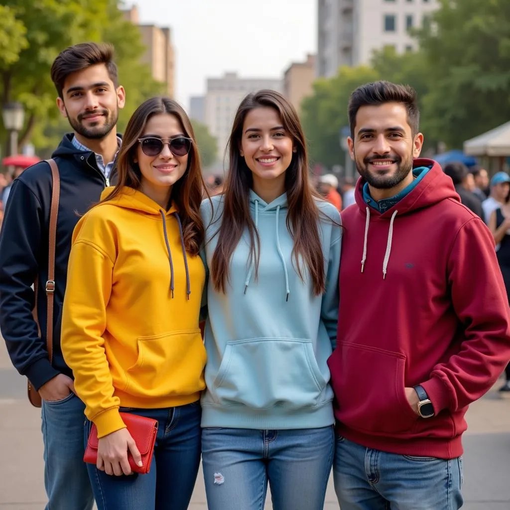 Trendy young people sporting hoodies in a Pakistani city park