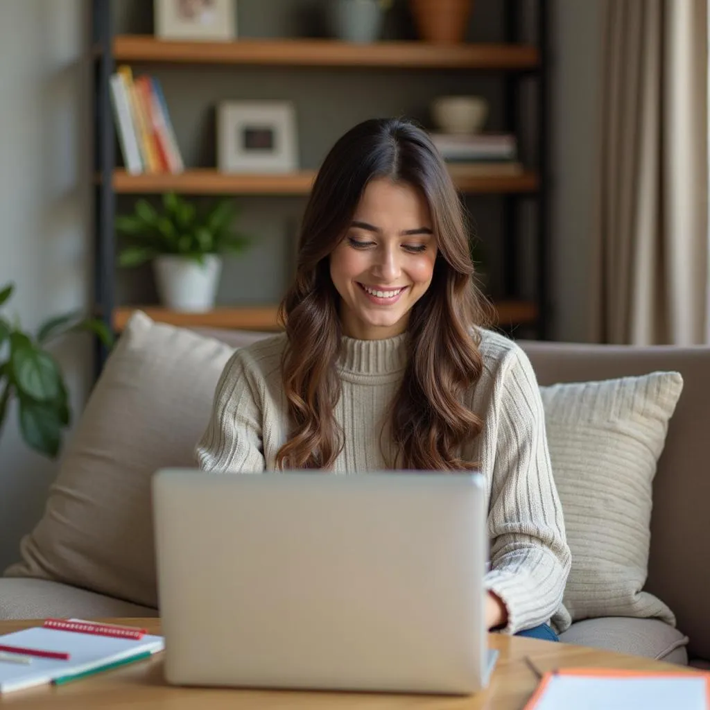 A young Pakistani woman smiling while shopping for cute stationery online