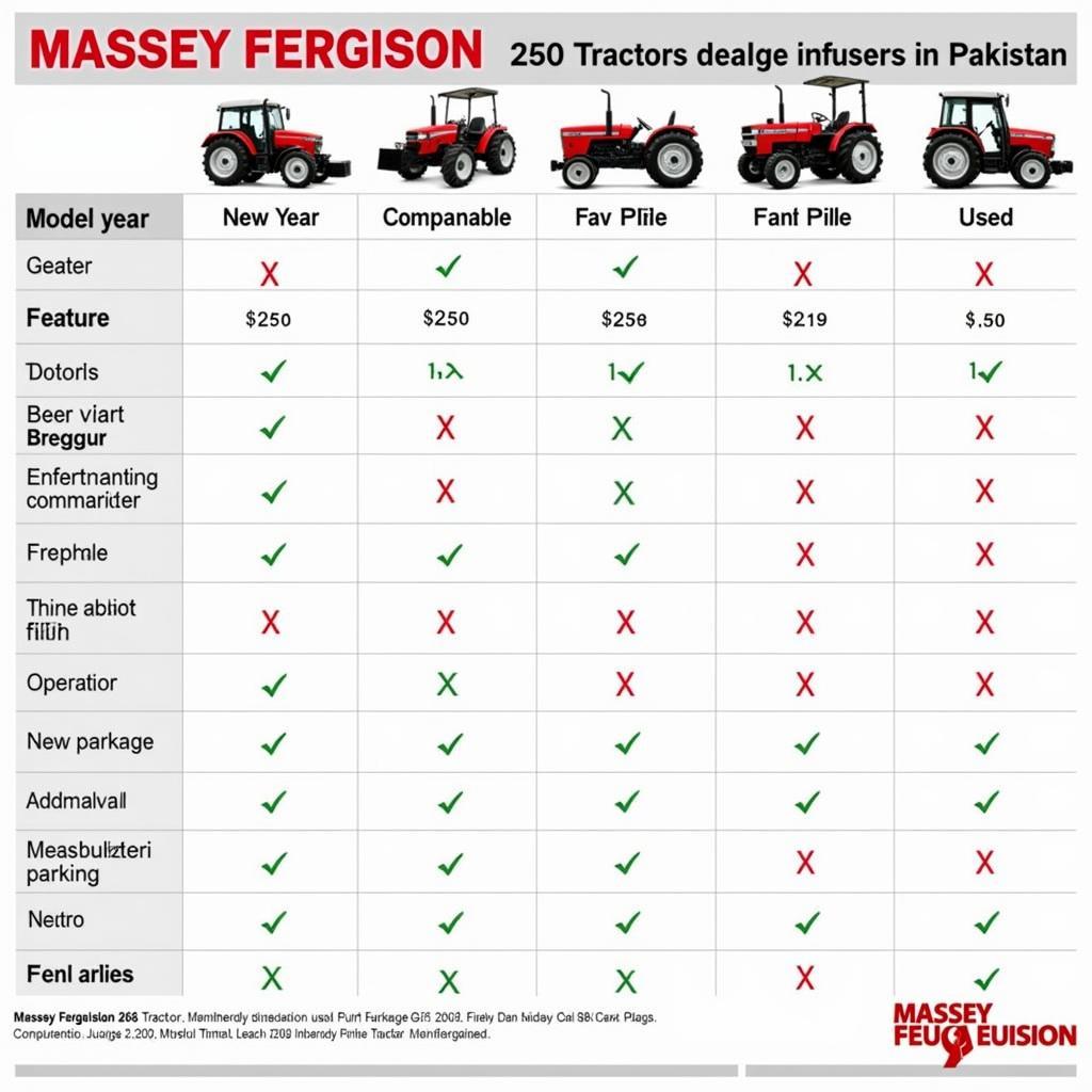 A comparison chart of 260 tractor prices from different dealers in Pakistan, showing variations in price based on model year, condition, and additional features.