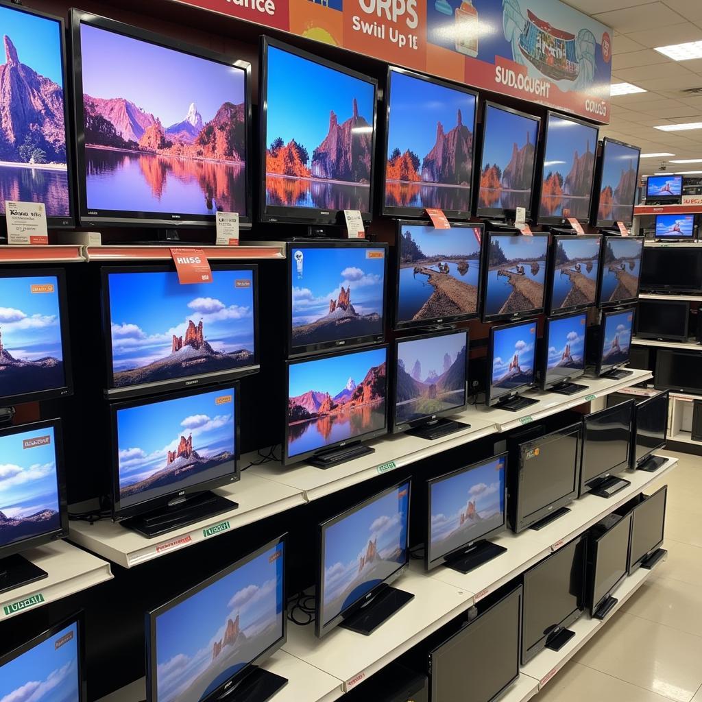 32 inch LCD televisions on display in a Pakistani electronics store, showcasing various brands and price points.