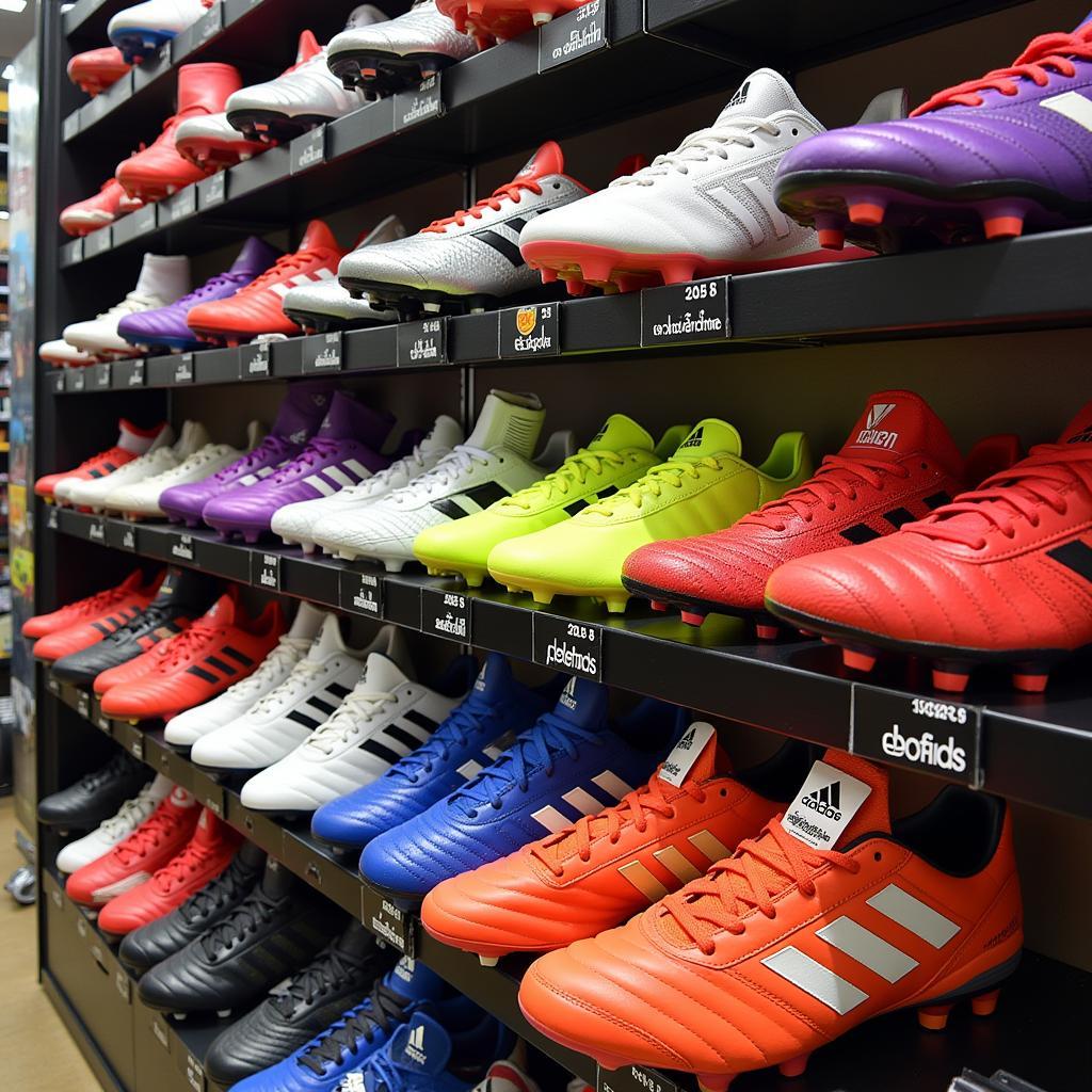 Adidas Predator football boots displayed in a Pakistani sports shop