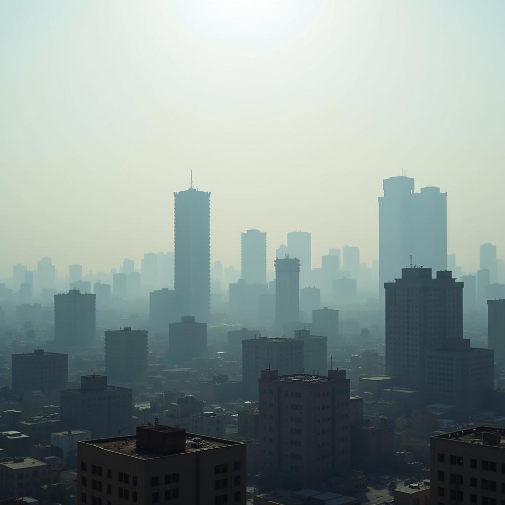 Air pollution hangs heavy over a Pakistani cityscape, emphasizing the need for air purifiers.