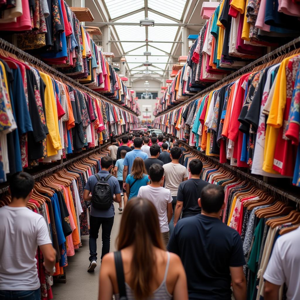 Shoppers browsing through clothing racks at the Alkaram Pakistan Day Sale.