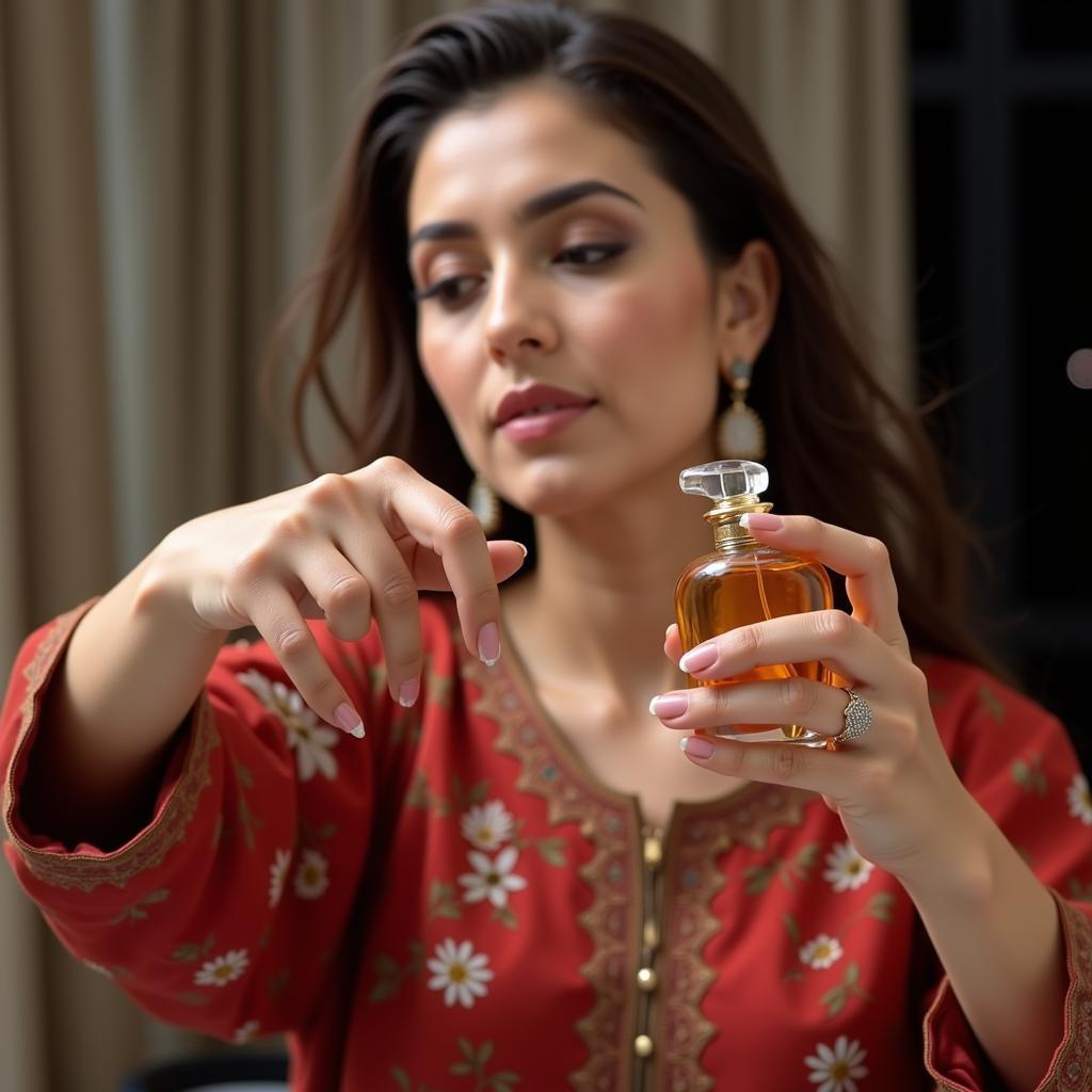 A woman applying perfume correctly on her pulse points in Pakistan