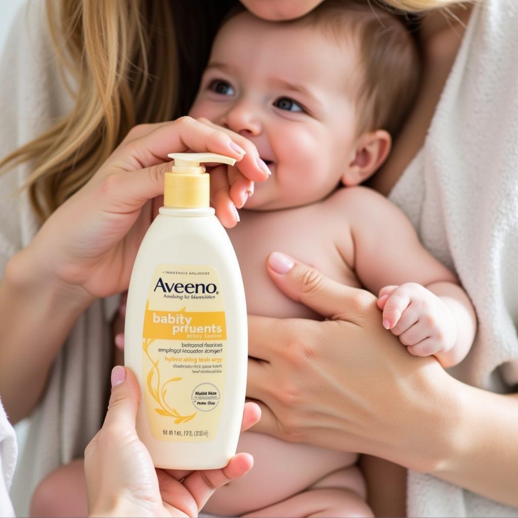 Applying Aveeno Baby Lotion to a Baby