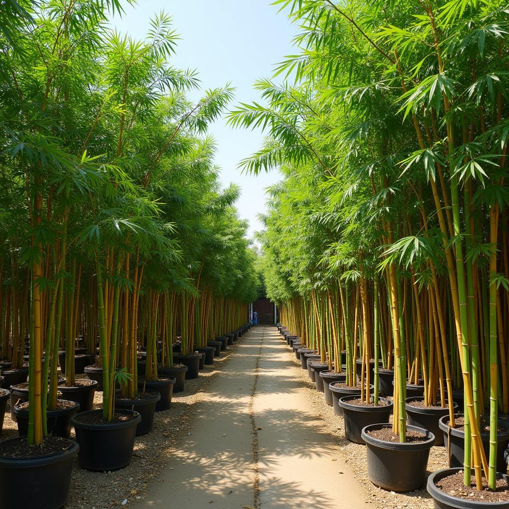 Bamboo plants in a Pakistani nursery, showcasing various sizes and species for sale.