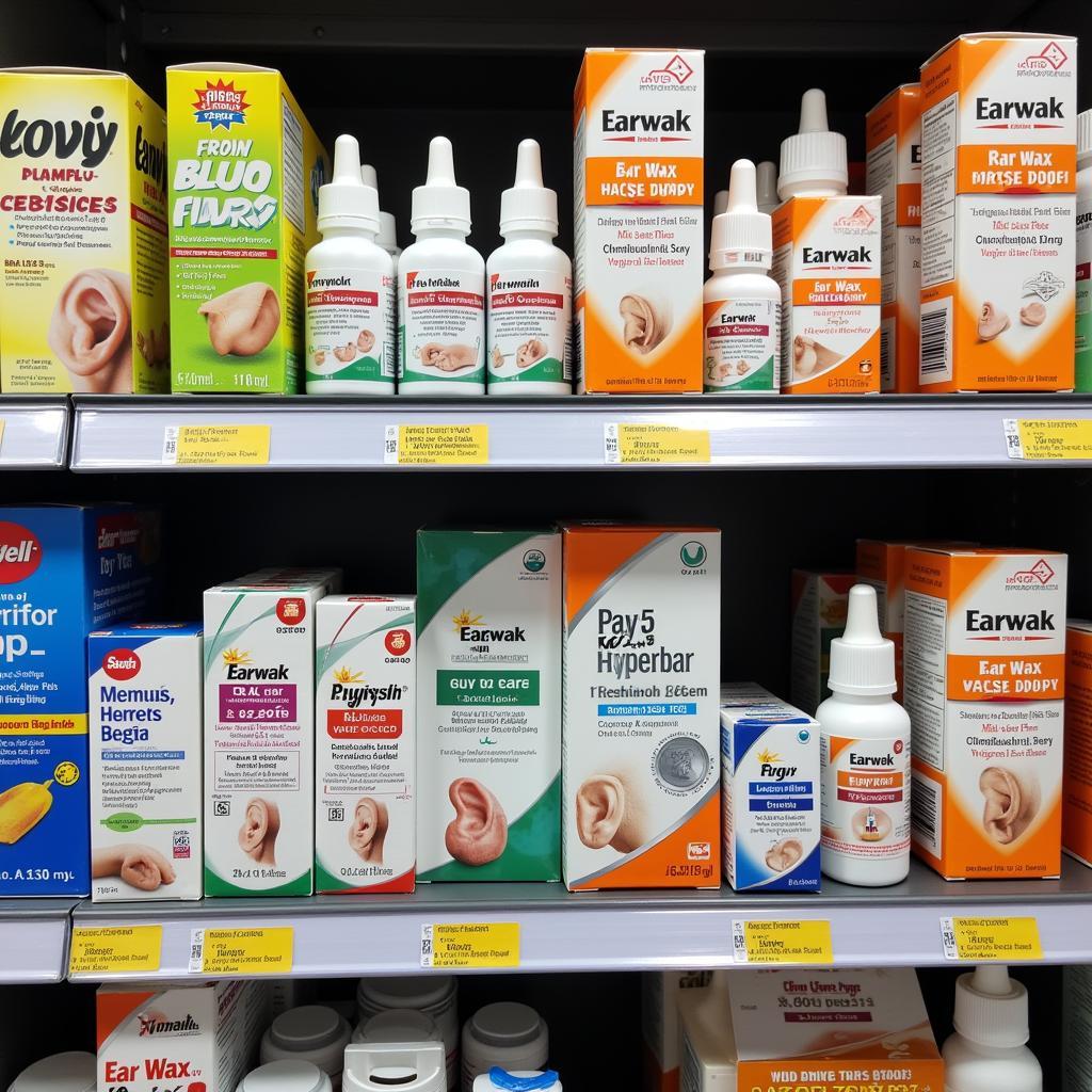 Various ear wax removal drops displayed on a pharmacy shelf in Pakistan